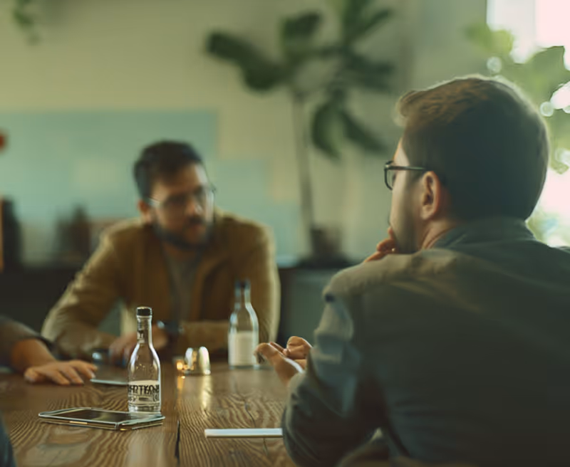 Two men in a meeting room sitting at a wooden table with bottles and notebooks.