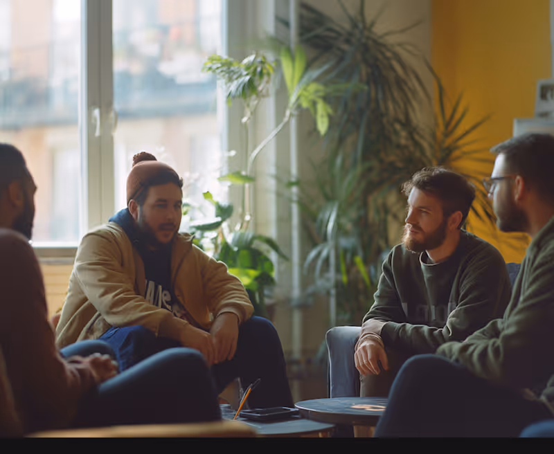Four men seated in a cozy room with plants, engaged in a relaxed group conversation.
