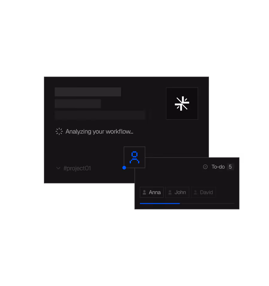 Dark interface showing workflow analysis and to-do list with users Anna, John, and David.